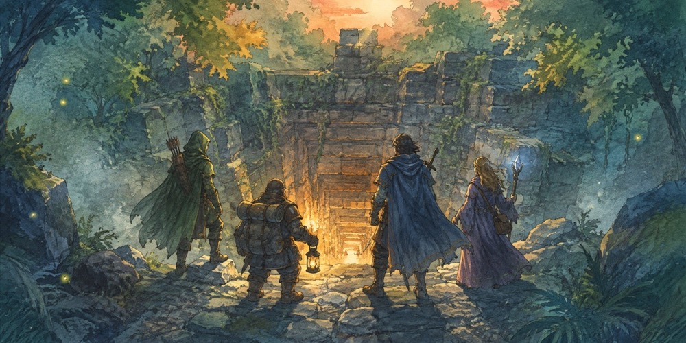 Illustration: A party of adventurers standing at the mouth of a dungeon entrance, ready to descend, dramatic lighting